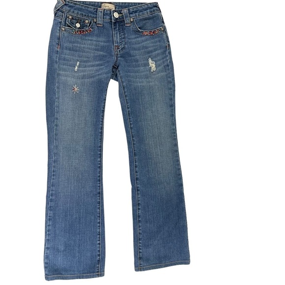Vigoss Boho Bootcut Embellished Flap Pocket Denim Blue Jeans Size US 3 / 4 - Picture 1 of 16